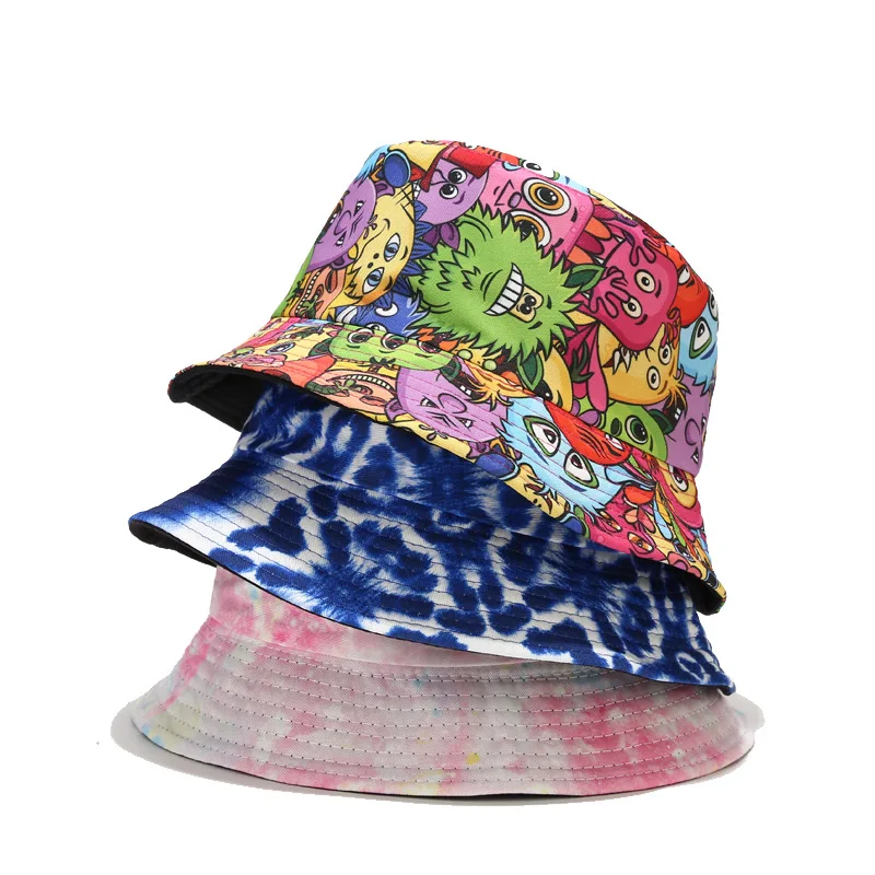 

Unisex Rainbow Tie-Dye Cartoon Graffiti Bucket Hat Summer Panama Beach Travel Fisherman Cap Double Side Basin Sun Protective Hat