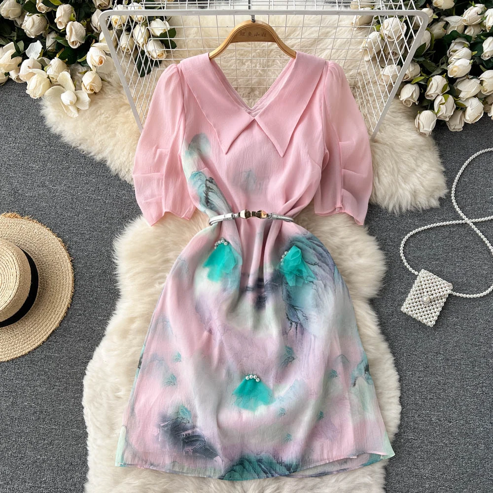

Dresses Summer new ins Korean style Lapel bubble short sleeve printed Organza three-dimensional nail bead waist fashion