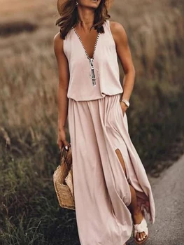 Abito lungo da donna con cerniera senza maniche alla moda 2023 abiti da donna eleganti con spacco solido casual allentato estivo per le donne 1