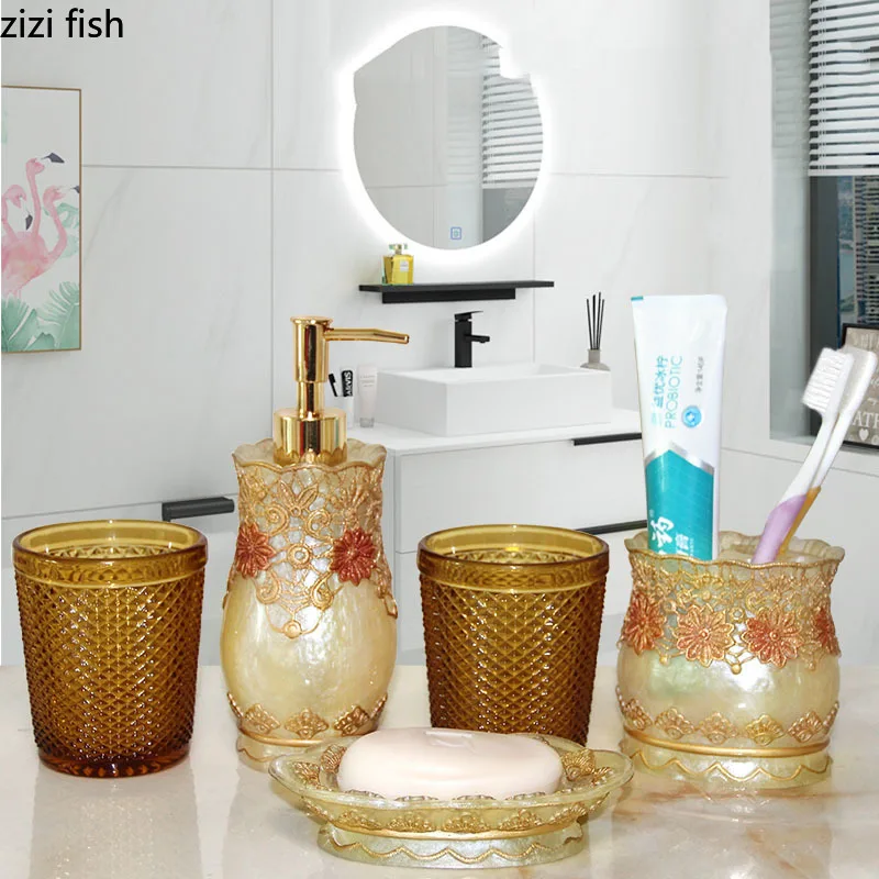 Classical Flower Pattern Resin Bathroom Accessories Toothpaste Holder Bath Lotion Bottle Mouth Cup Toilet Brush Bath Supplies