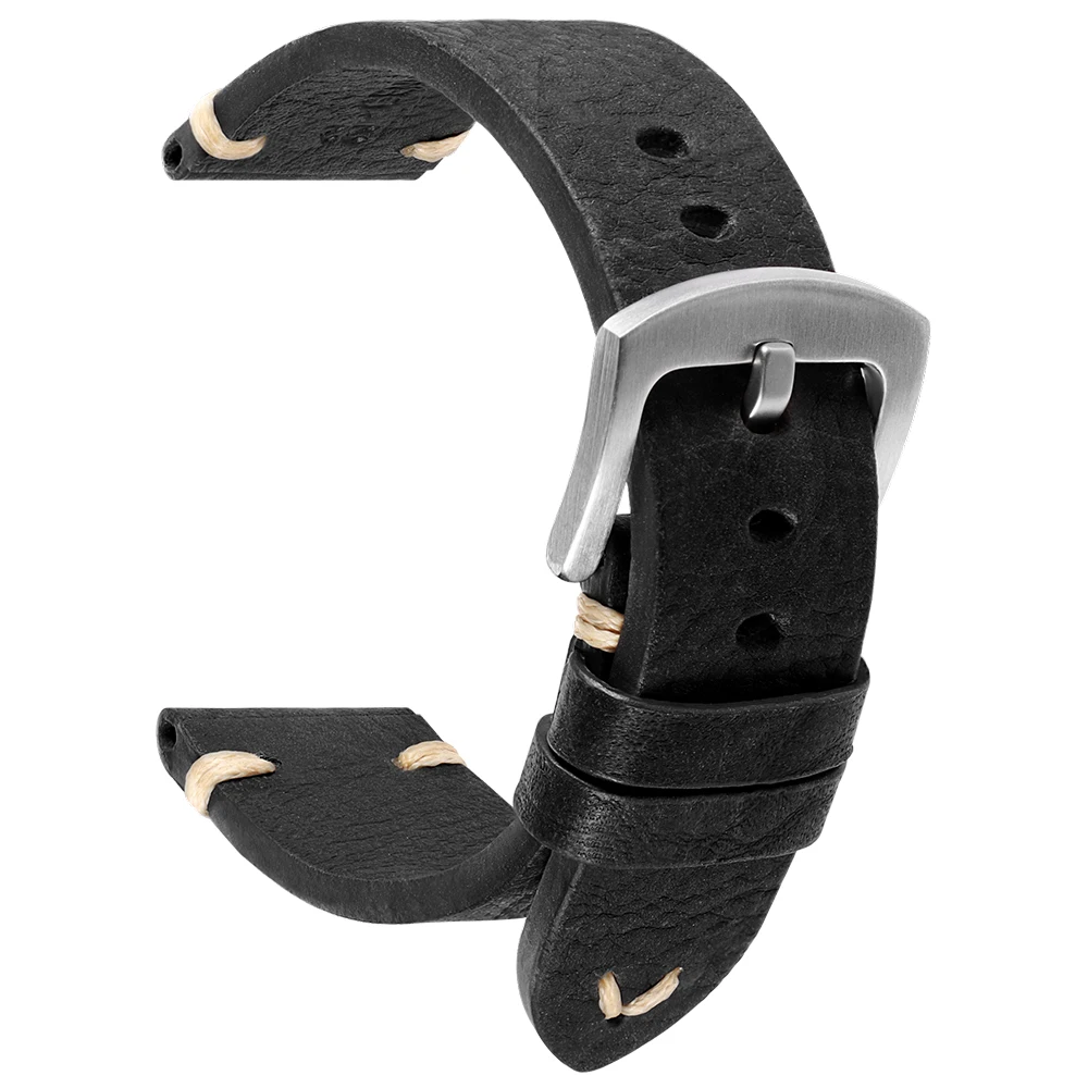 Vintage Genuine Cowhide Leather Watch Band with Handmade Stitching
