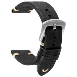 Vintage Genuine Cowhide Leather Watch Band with Handmade Stitching - 22mm (Black silver)