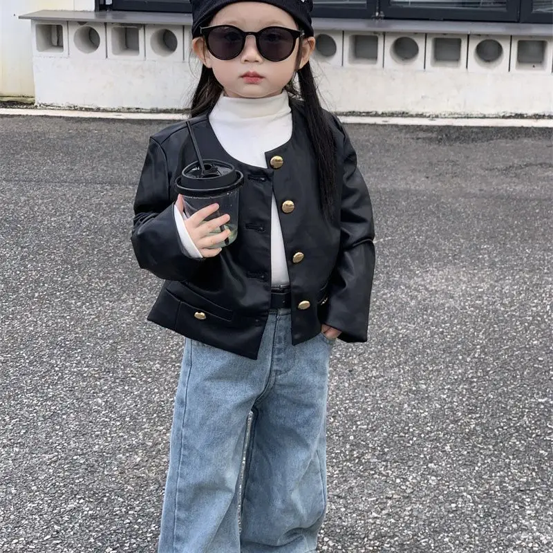 

2023 Autumn Young Kids Girl 2PCS Clothing Set Single Breasted Leather Coat Loose Jeans Pant Baby Girl Outfits Toddler Girl Suits