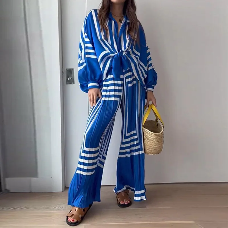 

2023 Autumn Vintage Casual Women Two Piece Set Geometric Printed Long Sleeve Single Breasted Top and Wide Leg Pants Set Outfits
