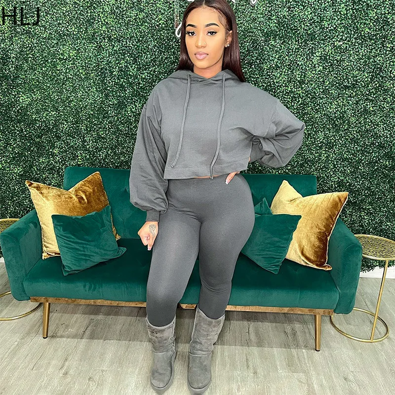 HLJ Autumn Casual Solid Jogger Pants Two Piece Sets Women Long Sleeve Hooded Crop Top And Pants Tracksuits Female 2pcs Outfits