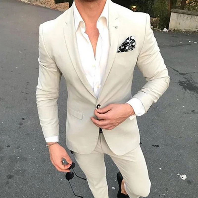 

Custom Made Slim Fit Men's Beige Wedding Suit with Notch Lapel 2 Pieces Groom Tuxedo Best Man Suit Jacket and Pants 2023