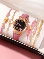 6PCS Women's Fashion Quartz Watch Luxury Pink Leather Band Analog WristWatch Ladies Watch Women Dress Bracelet Set  Clock 1