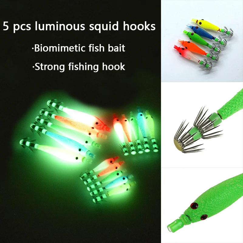Luminous Squid Fishing Bait Set with Stainless Steel Hooks (5-Pack)