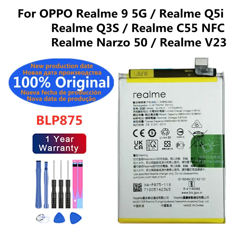 

100% Orginal New Battery 5000mAh BLP875 Battery For OPPO Realme 9 5G / Realme Q3S / Realme C55 NFC / Realme Narzo 50 /Realme Q5i