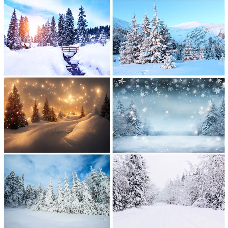 

SHENGYONGBAO Christmas Day Photography Backdrops White Snow Scenery Pine Mountain Winter Photo Studio Background Props QS-73