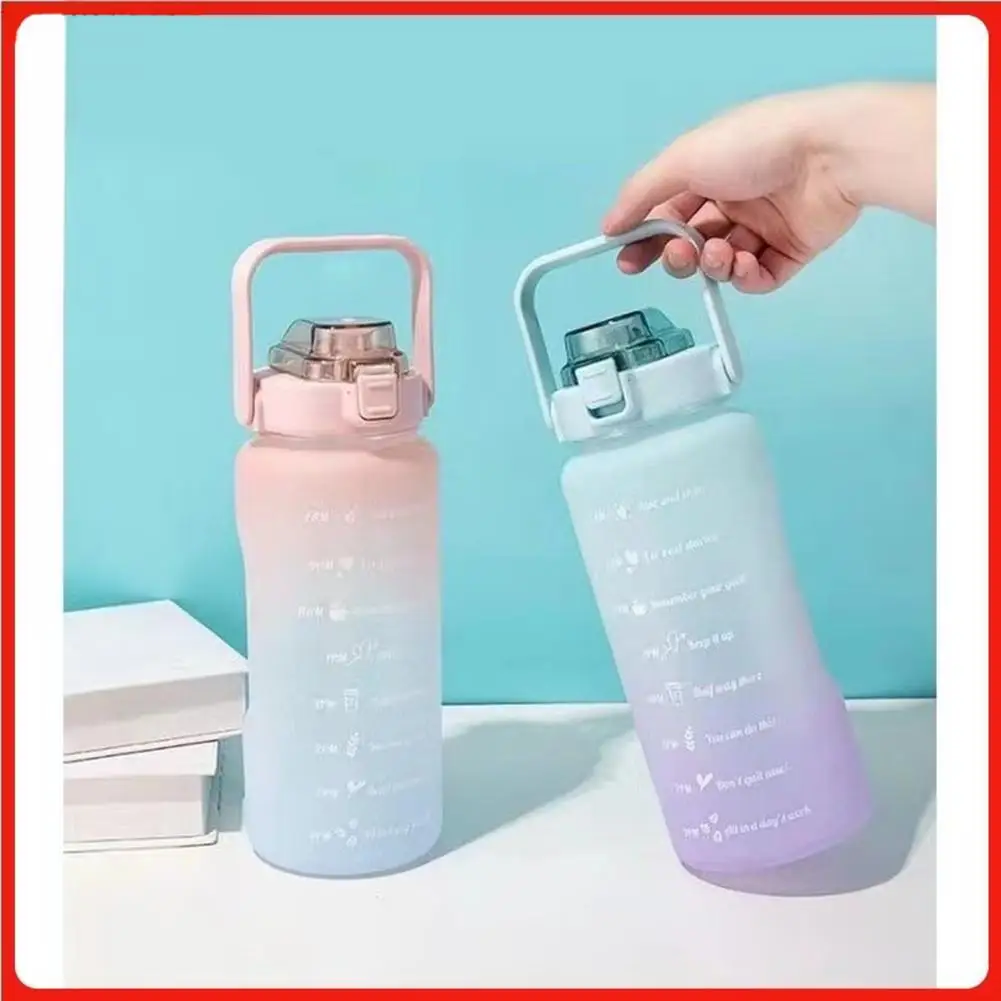 2L Water Bottle With Time Marker Reusable Water Bottle Plastic Bottle Leak-proof With Carry Handle For Gym Office