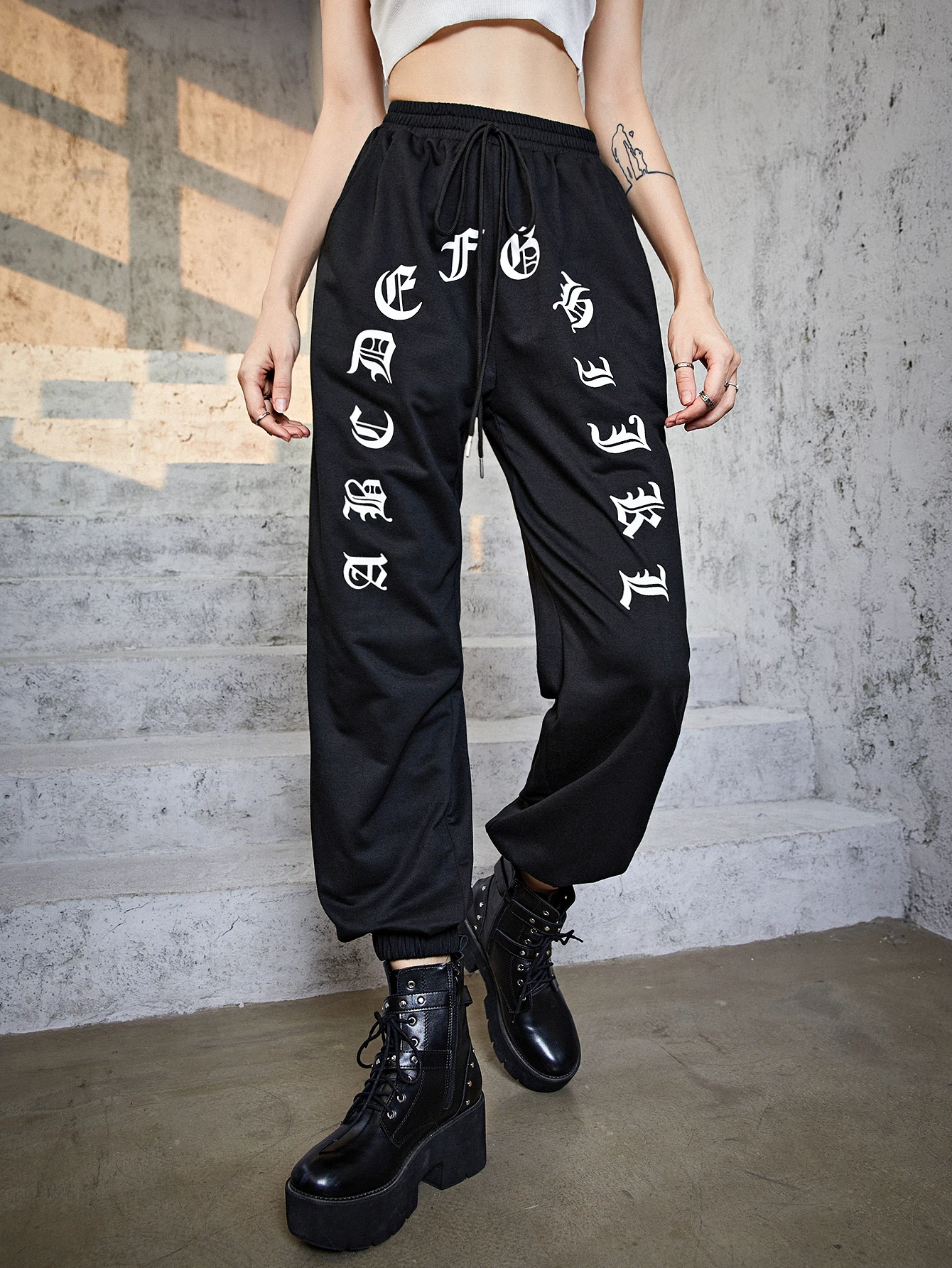 Bold Shade Punk Loose Streetwear Women Bottoms Black Print High Waist Gothic Casual Pants Grunge Drawstring Pencil Sweat Trouser