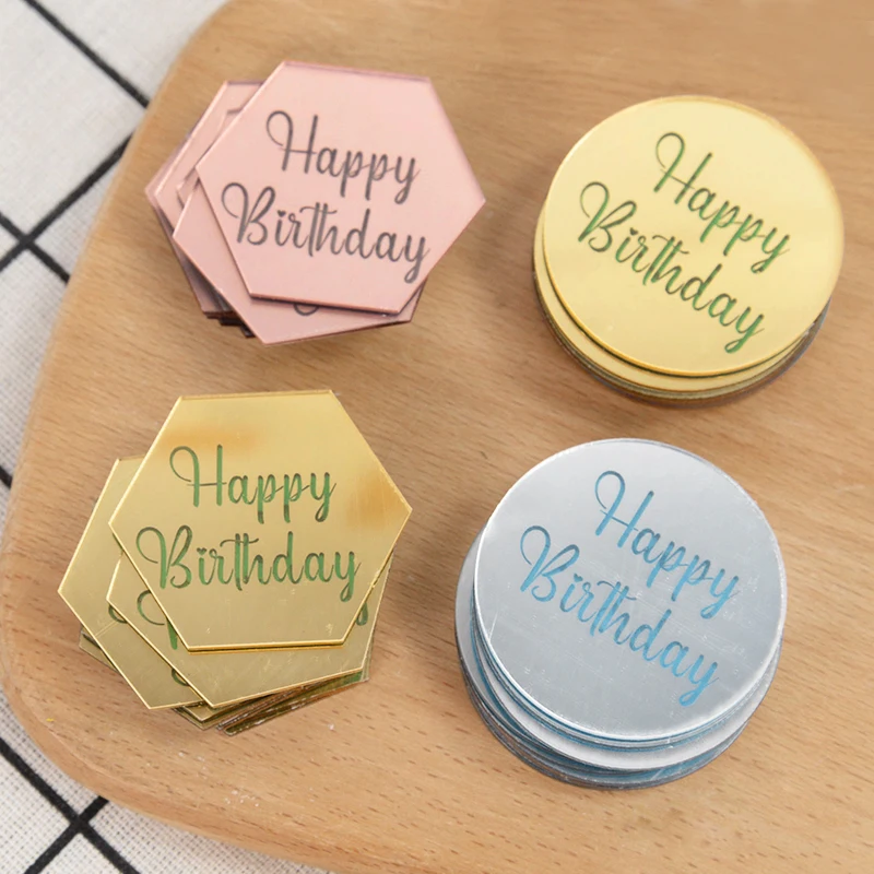 10pcs Happy Birthday Cupcake Toppers Gold Acrylic Circle Dessert Cake DIY Decorations Insert Card Kids Birthday Party Supplies