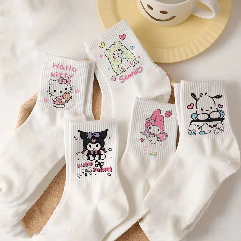 

6Pcs/4Pcs/3Pcs Kawaii Sanrio Mid-Tube Socks Kawaii Cartoon Mymelody Cinnamoroll Pure Cotton Comfortable Breathable Student Socks