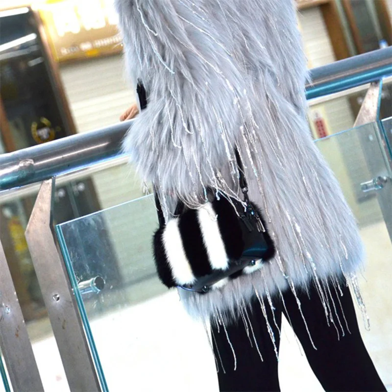 Women's New Small Square Bag Double Zipper Fashion Real Mink Hair Shoulder Bag High-end Banquet Elegant Leather Clutch Bag