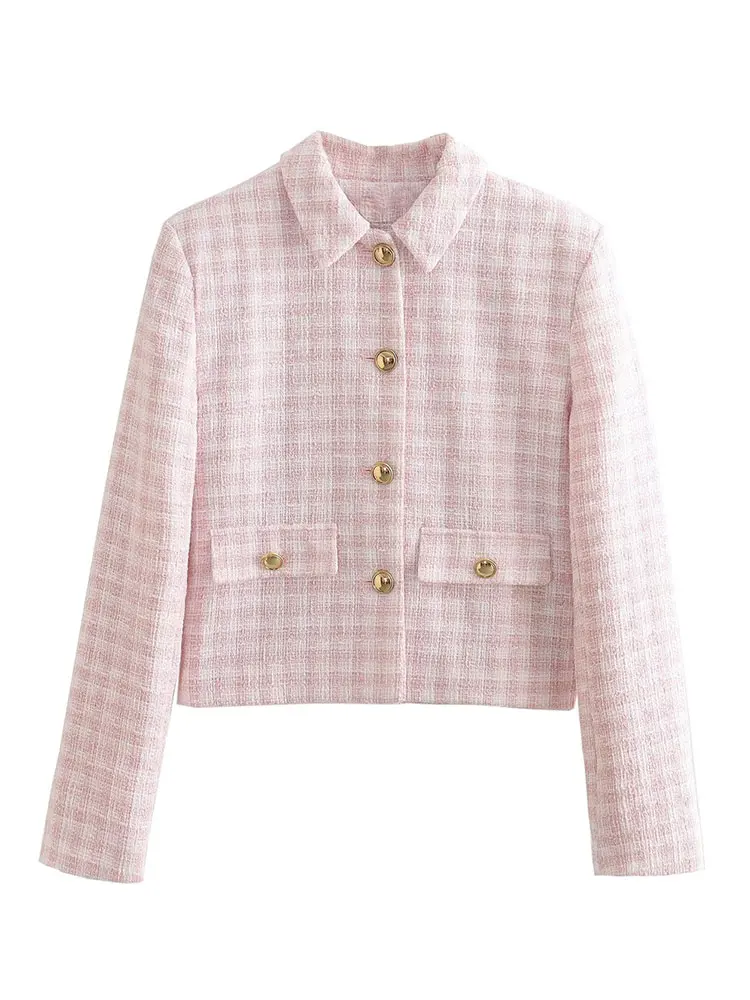 

Women's Sweet Pink Single Breasted Textured Blazer Fashion Elegant Long Sleeve Cropped Coat 2023 Female Chic Casual Party Wear