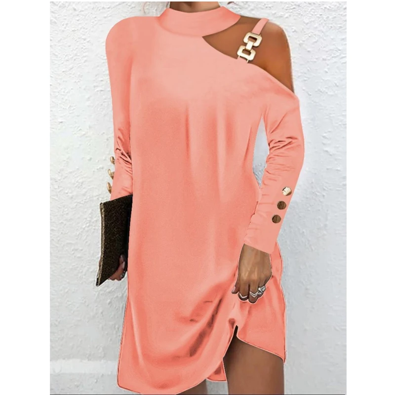 

Spring New Solid Color Fashion Off Shoulder Sexy Long Sleeve Midi Dress Women Metal Buckle High Street Elegant All-match Dresses