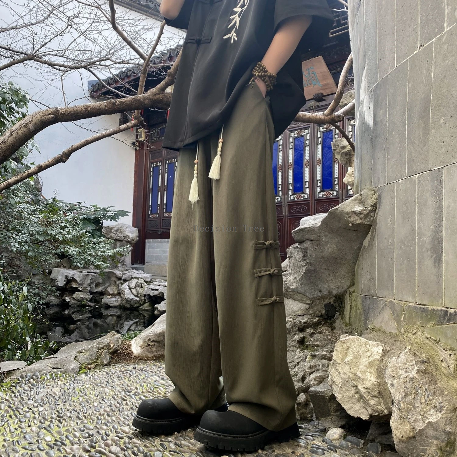 chinese style men tai chi kungfu pants loose martial arts performance straight leg pants fashionable tassel design trousers