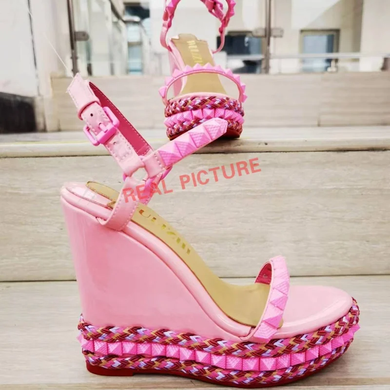 Women Silver Shiny Sequins Wedge Sandals Studded Bordered Slingback Open  Shallow Platform Pink Black Concise String Bead Shoes