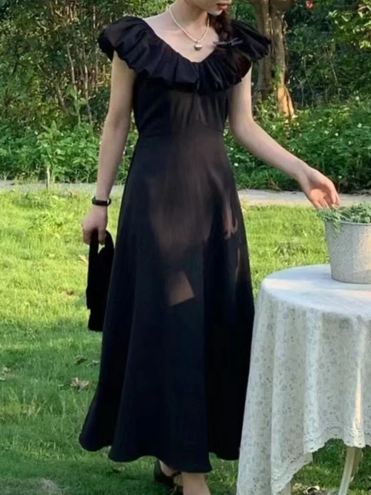 

Summer Korea Elegant Women Dress Vintage V-neck Flying Sleeve Midi Beach Outfits New Vestidos Robe 2023 Female Chic Clothes