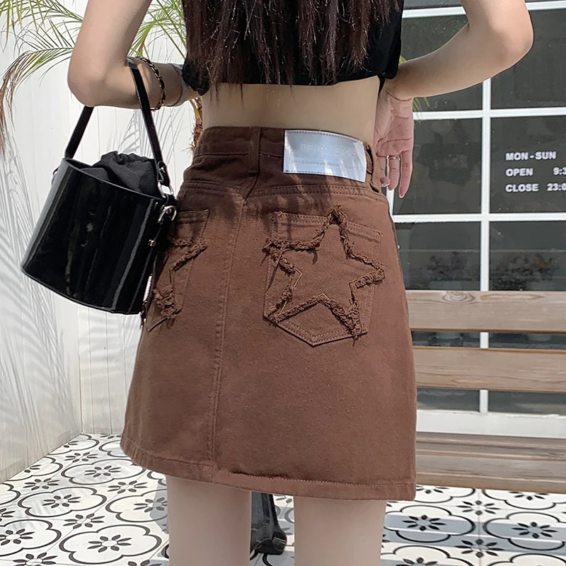 American Retro Brown Denim Skirt Women Fashion Design New A-line Star Pocket High Waist Mini Jean Skirts Femme