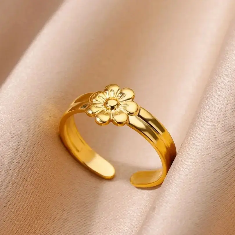 Tiny Flower Rings Stainless Steel Gold Color Adjustable Wedding Ring
