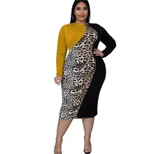 

Plus Size Women's Dress Leopard Print Color Block Patchwork Bodycon Spring New Fashion Long Sleeve Woman Clothing Female Dress