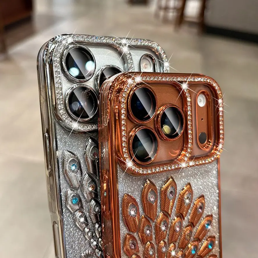 الفاخرة تصفيح الطاووس بريق الماس قضية الهاتف آيفون 17 برو ماكس الهواء 17 برو 16 15 14 13 لينة واضح غطاء غشاء عدسة من البولي يوريثان