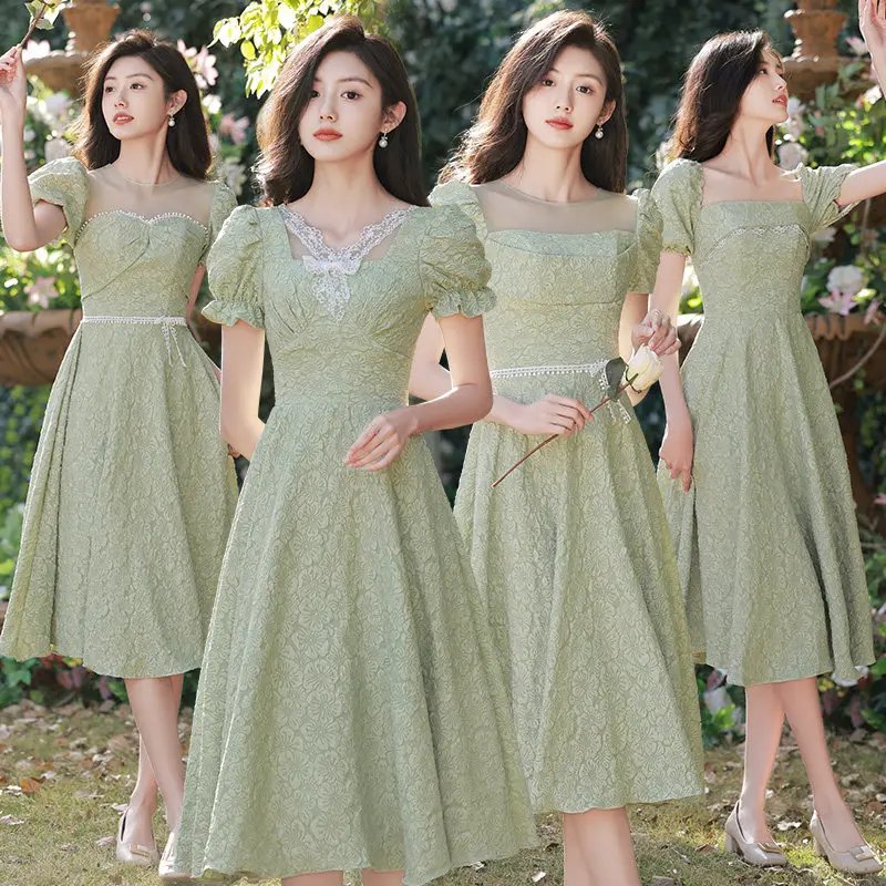 

Bridesmaid Dresses Short Sleeves Floral Print O-Neck A-Line Pleat Tea-Length Backless Elegant New Lady Formal Party Gown E1189