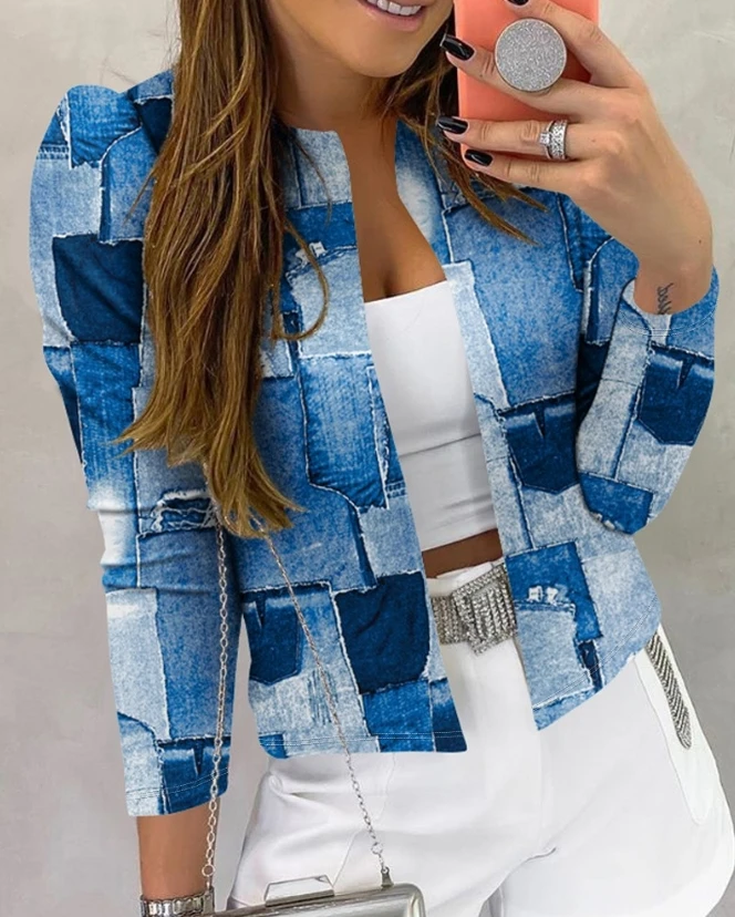 Casual Denim Look Print Coat 2023 Autumn Winter Spring New Fashion Gigot Sleeve Open Front Coat Jacket Fall Outfits Women 2021 new spring pearl beading denim jackets women 5xl casual jeans bomber jacket long sleeve denim coat