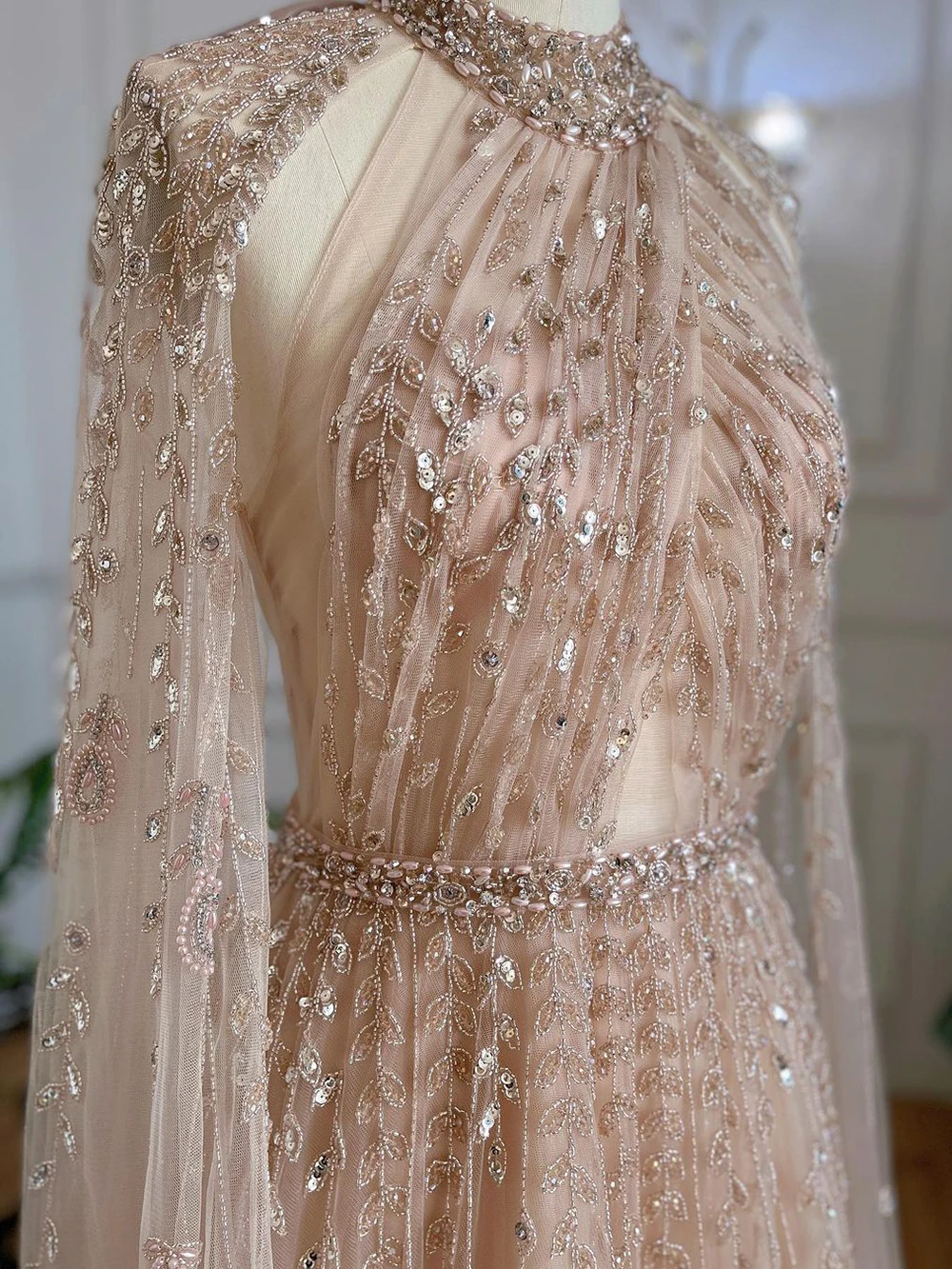 Serene Hill Dubai Arabic Luxury Nude A Line Beaded Evening Dresses With Cape Sleeves Gowns For Women  Wedding Party 2023 LA71803