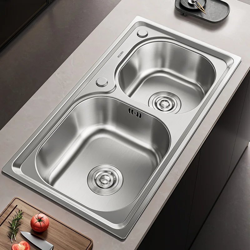 Musurjoy Brushed Kitchen Sink, Stainless Steel Dishwashing Double Sink Cabinet Basin, Countertop Mounted Workbench, 2