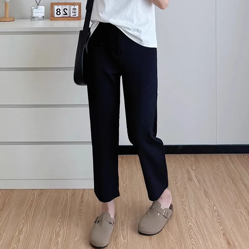 임산부 스트레이트 레그 수트 팬츠 블랙 슬리밍 여름 카고 팬츠 드레이핑 와이드 레그 캐주얼 봄 가을 임산부용