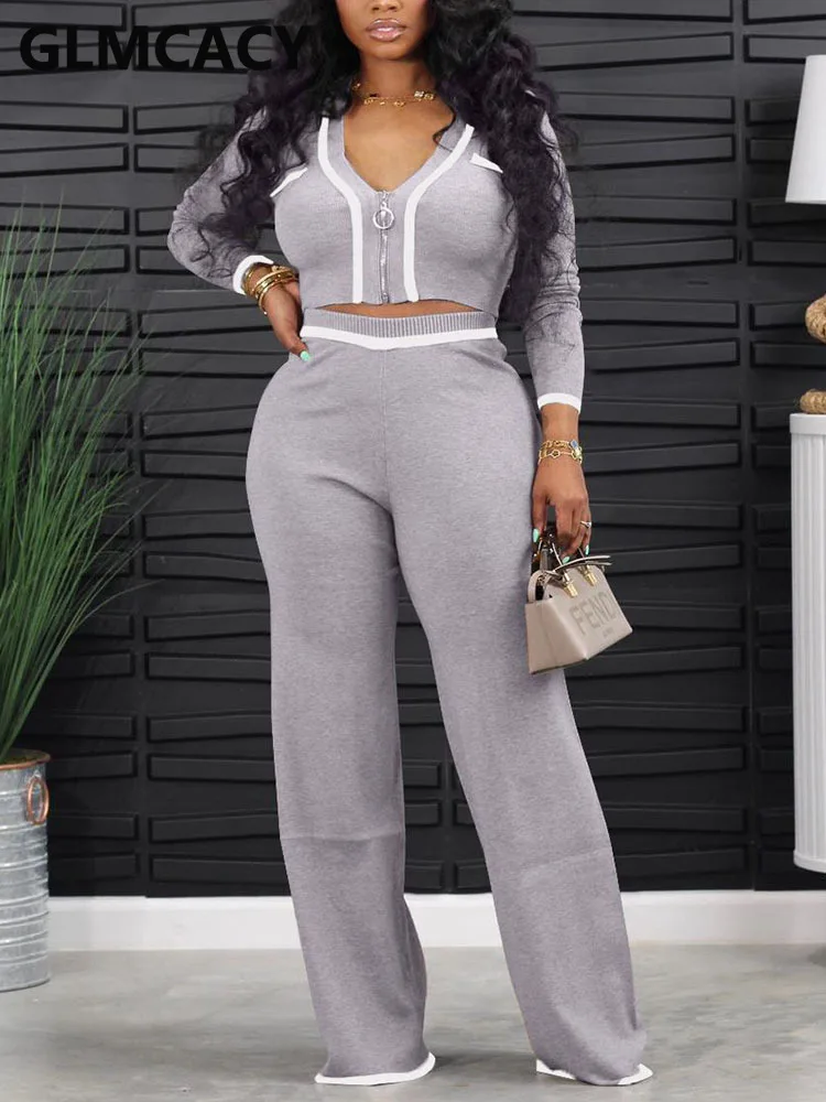 

Women's Fashionable Casual Knit Set with Sexy Zipper and Loose Fit - Striped Chest Pocket