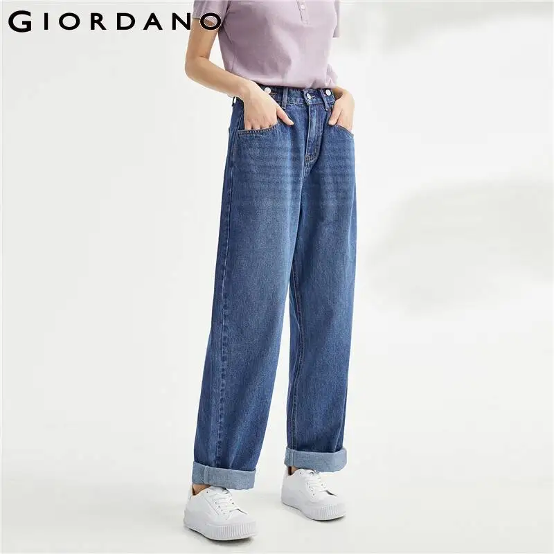 

GIORDANO Women Denim Jeans Half Elastic Waist Fashion Loose Dad Jeans 100% Cotton Multi-Pocket Comfy Casual Denim Pants 18413030