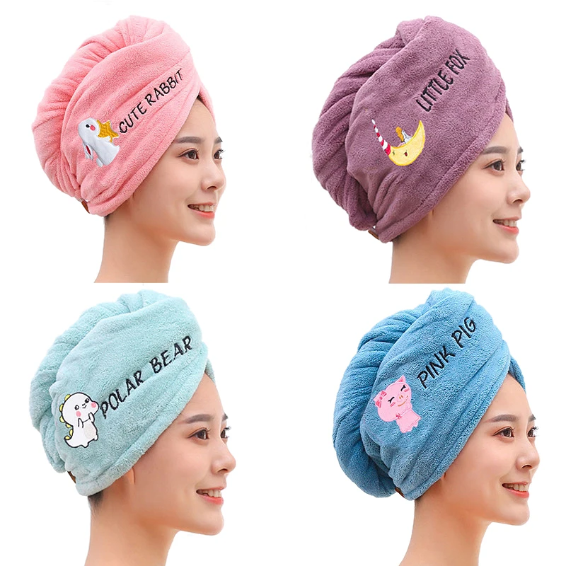 Microfiber Towel Hair Towel Bath Towels For Adults Women Home Embroidered Daisy Animal Coral Velvet Shower Cap Dry Hair Cap 1pc