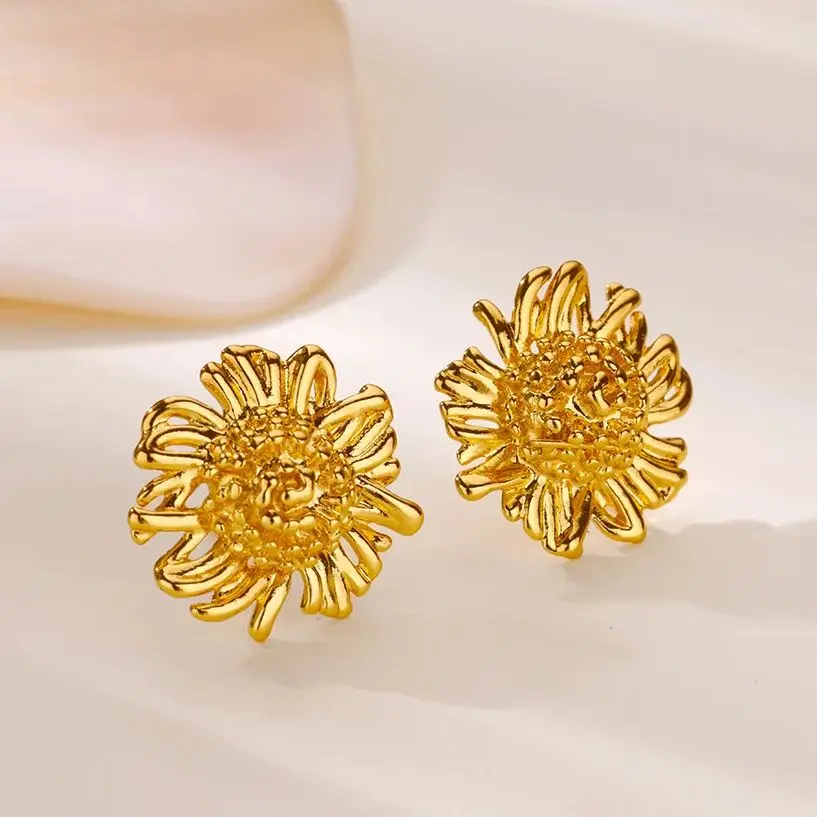Classic Sunflower Stud Earrings For Women Gold Color Stainless Steel