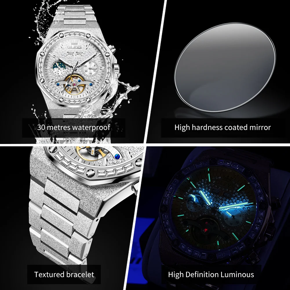 OLEVS 9805 Man Watch Hollow Skeleton Auto Date Moon Phase Waterproof Watch For Men Luxury Diamond Male Mechanical Wristwatch