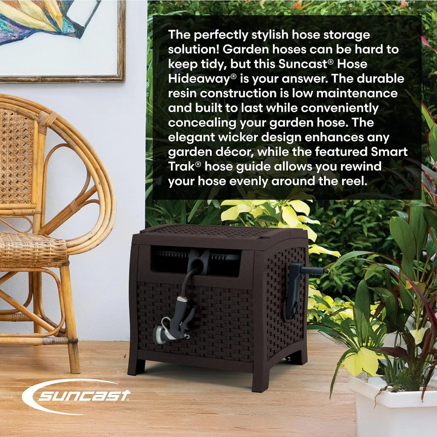 Hose Reel with Smart Trak Hose Guide, Water-Tight Connection, Durable Resin Construction, 225' Hose , Brown, Made in the USA