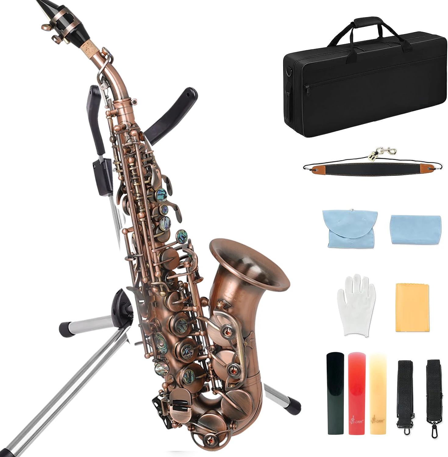 

Red Antique Student Soprano Saxophone B-Flat Beginner's Soprano Sax Complete set with Portable Box Blowing Mouth Reed Bracket