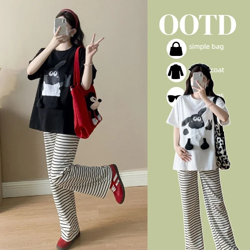 여름 임부복 세트 2025 신상 한국 버전 3D 순면 반팔 스트라이프 와이드 팬츠 투피스 세트