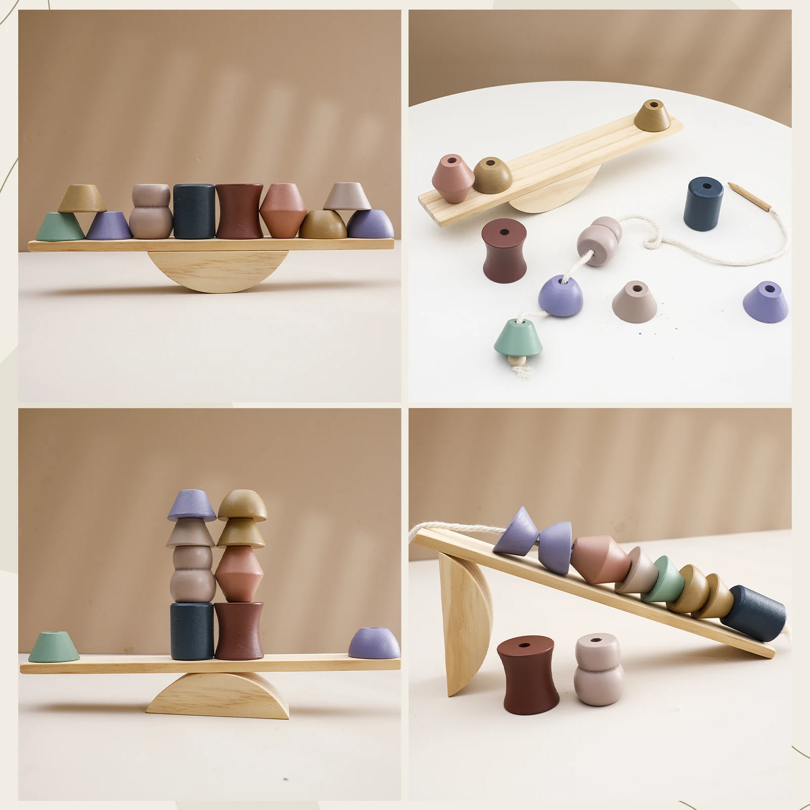 Wooden Puzzle Toys Baby Montessori Threading Seesaw Balance Blocks