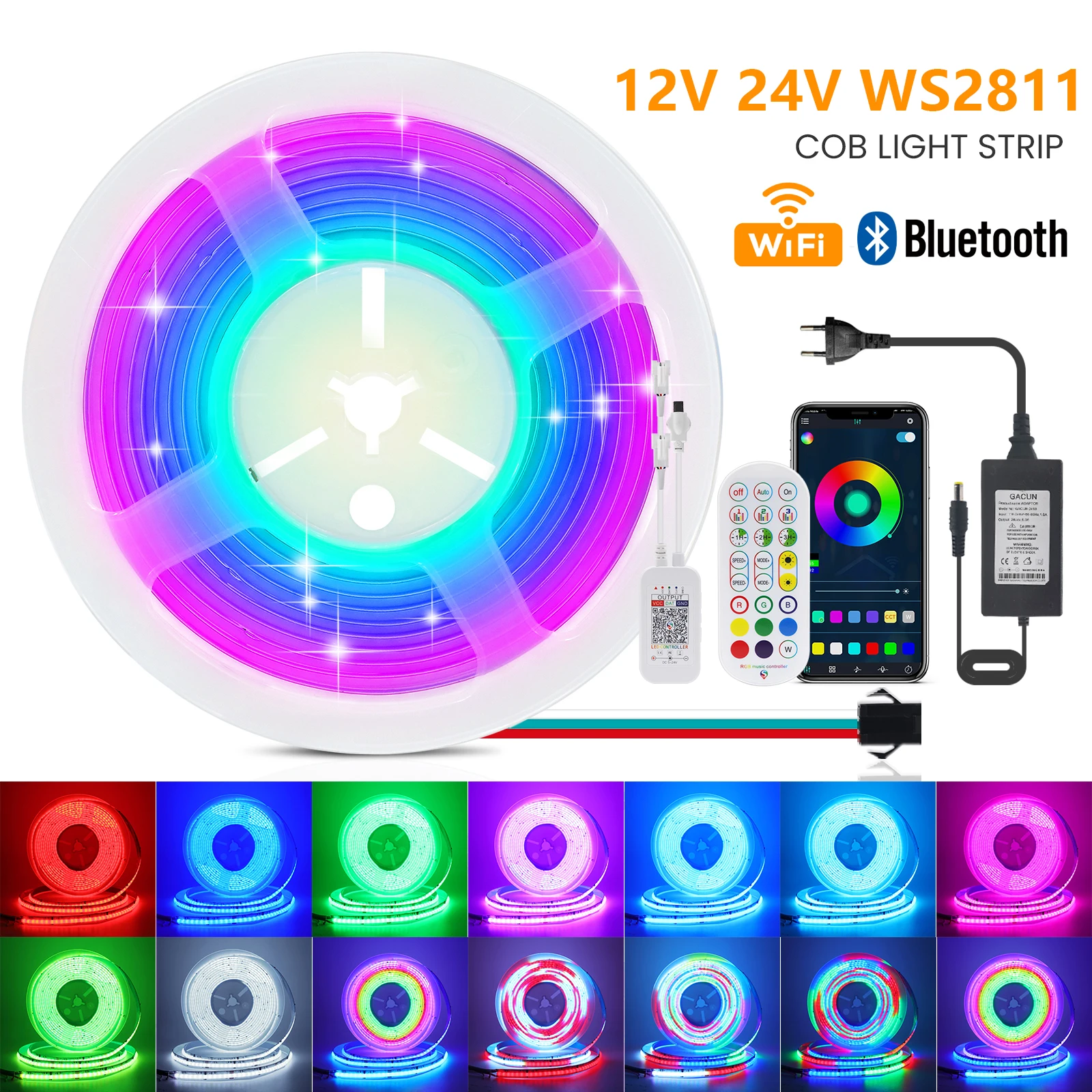 

COB RGBIC LED Tape 12V 24V Addressable 576LEDs/m Tuya Wifi Smart Life Bluetooth Control WS2811 LED Strip For Room TV Backlight