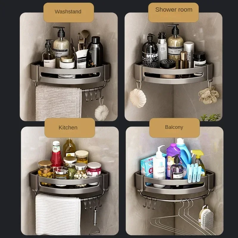 Bathroom Space Aluminum Storage Rack Non Perforated Bathroom Wall Hanging Corner Storage Rack, Gun Gray Triangular Basket 4