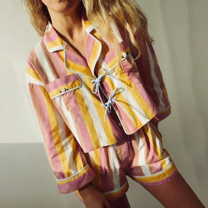 New 2 Vintage Garments Independent Graphic Print Front Tie Bow Full Sleeve Shirt T-shirt + Shorts Fairy Cottage Y2K Street Wear