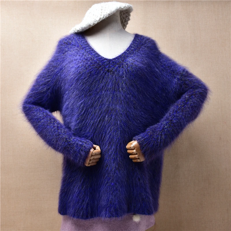 

Ladies Women Fall Winter Clothing Blue Hairy Mink Cashmere Knitted V-Neck Loose Pullover Angora Fur Jumper Sweater Pull Tops