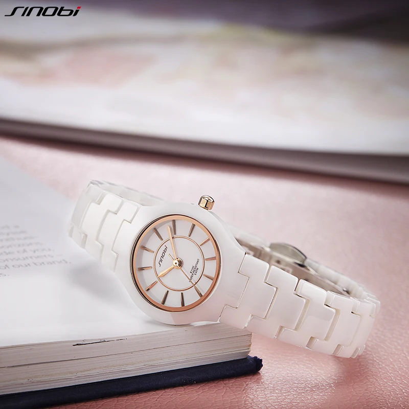 SINOBI Fashin White Ceramic Strap Woman Watches New Top Luxury Stainless S Ladies Quartz Wristwatches High Quality Women's Clock 4
