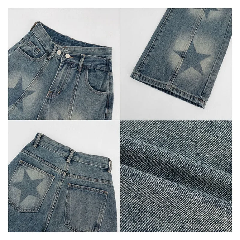 Deeptown Vintage Straight Jeans for Women Y2k Streetwear High Waist Star Print Denim Pants Aesthetic Korean Style Baggy Trousers
