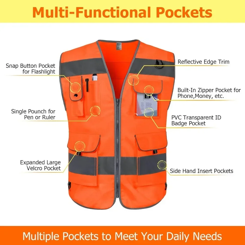 Orange Men's Safety Vest 9 Pockets High Visibility Reflective Vest with Reflective Strips Large Chalecos De Seguridad
