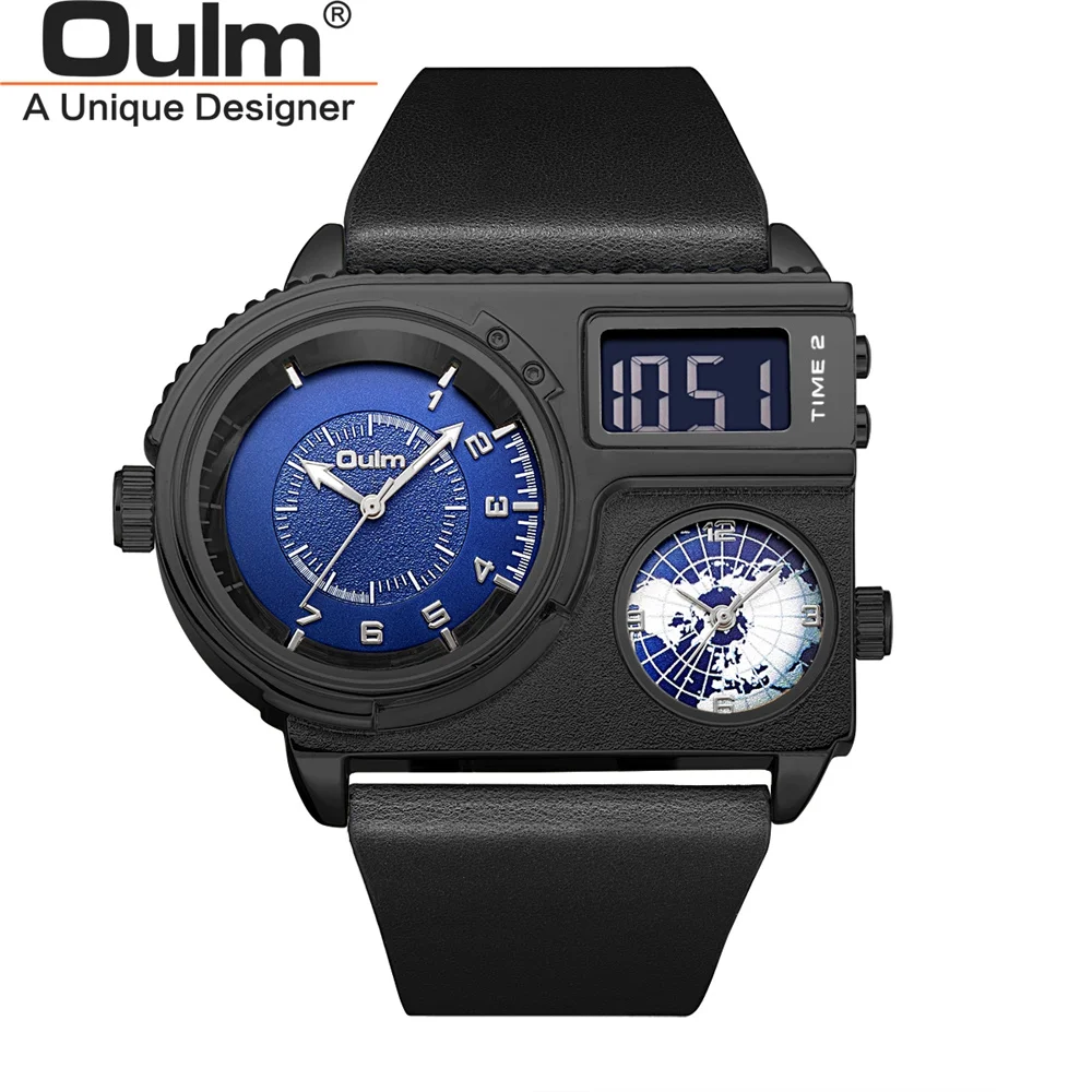 Oulm 5026 Big Dial Men Wristwatch Dual Display Quartz Clock Two Time Zone Luxury Watch Male Genuine Leather Wrist Watches 